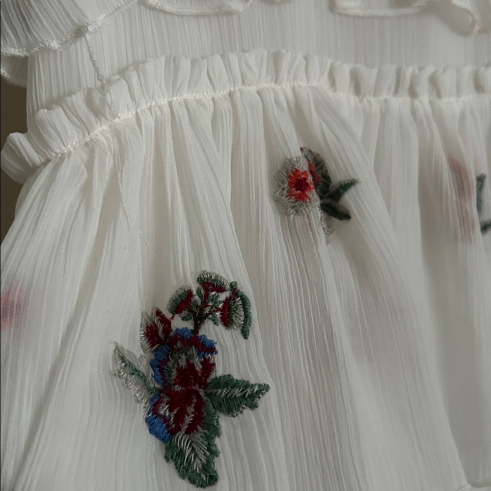 Zara Ivory Floral Whimsy Boho Embroidered Chiffon Tiered Lined Mini Dress Med - Picture 12 of 16